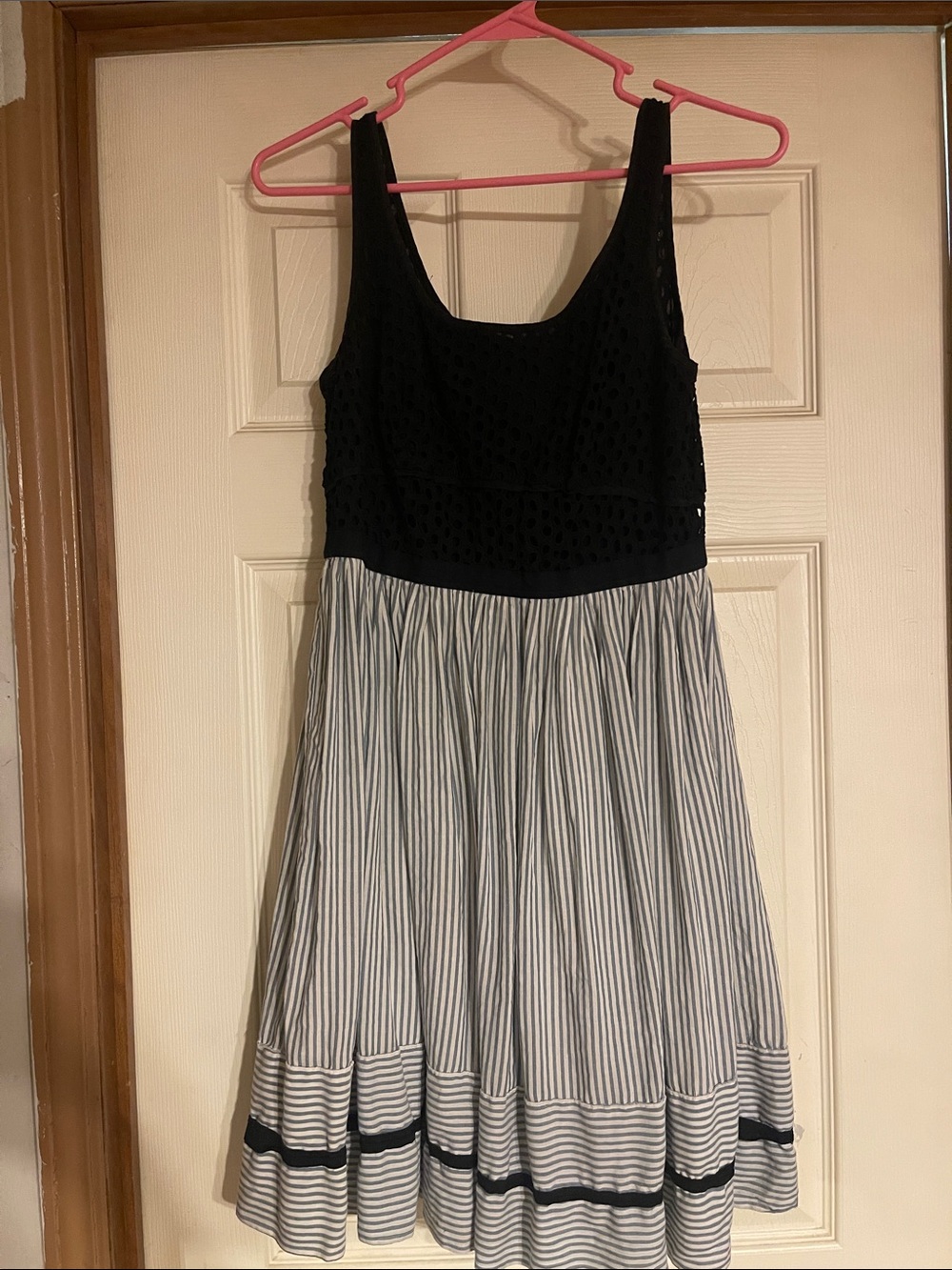 LOFT Black Bodice Striped Midi Dress